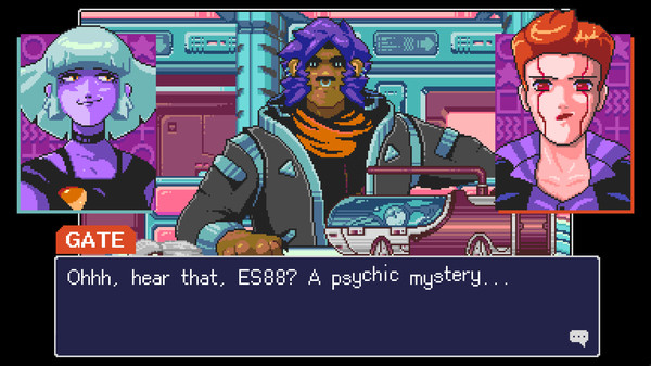 A screenshot from the Pilot Memory of Neurodiver. Crow sits center screen, while ES88 makes a cheeky face at her companion Gate. Gate's dialogue reads, Ohhh, hear that, ES88? A psychic mystery. 